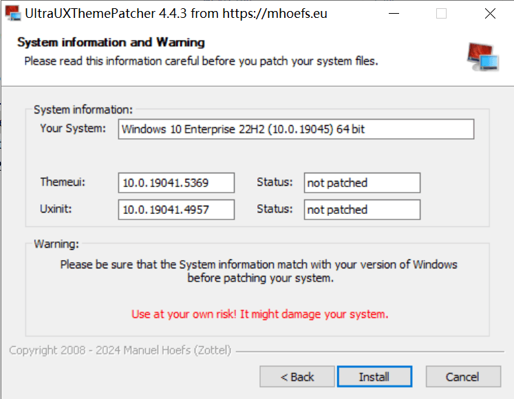 UltraUxThemePatcher 软件主界面。