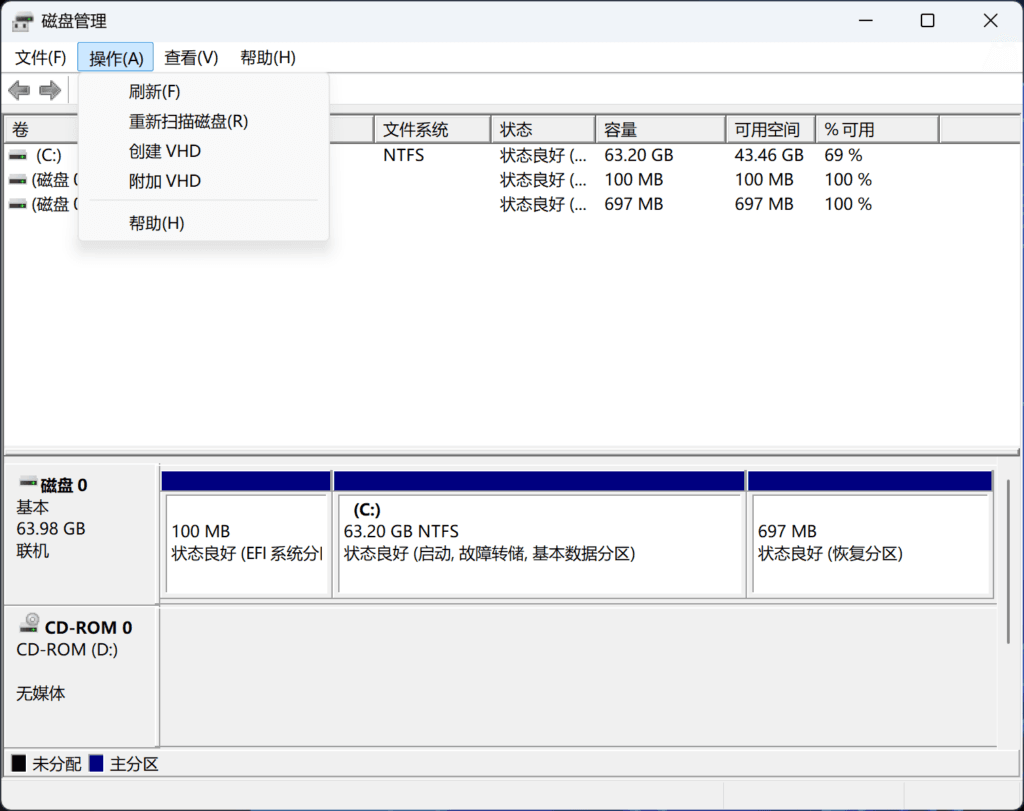 在磁盘管理中创建 VHD。