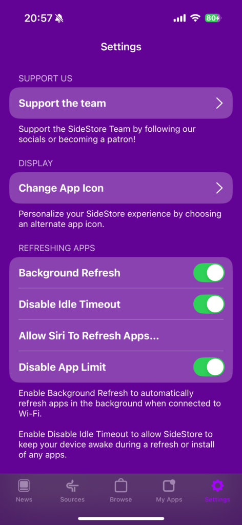 在 SideStore 的每夜构建版中打开禁用 App 数量限制的开关。