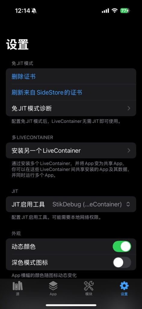 LiveContainer 设置。