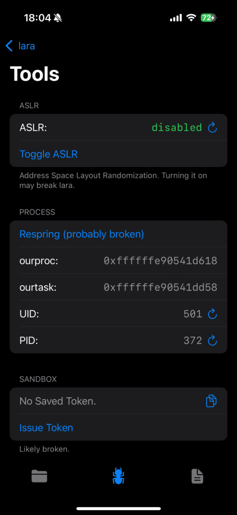 成功使用 lara 关闭 ASLR。