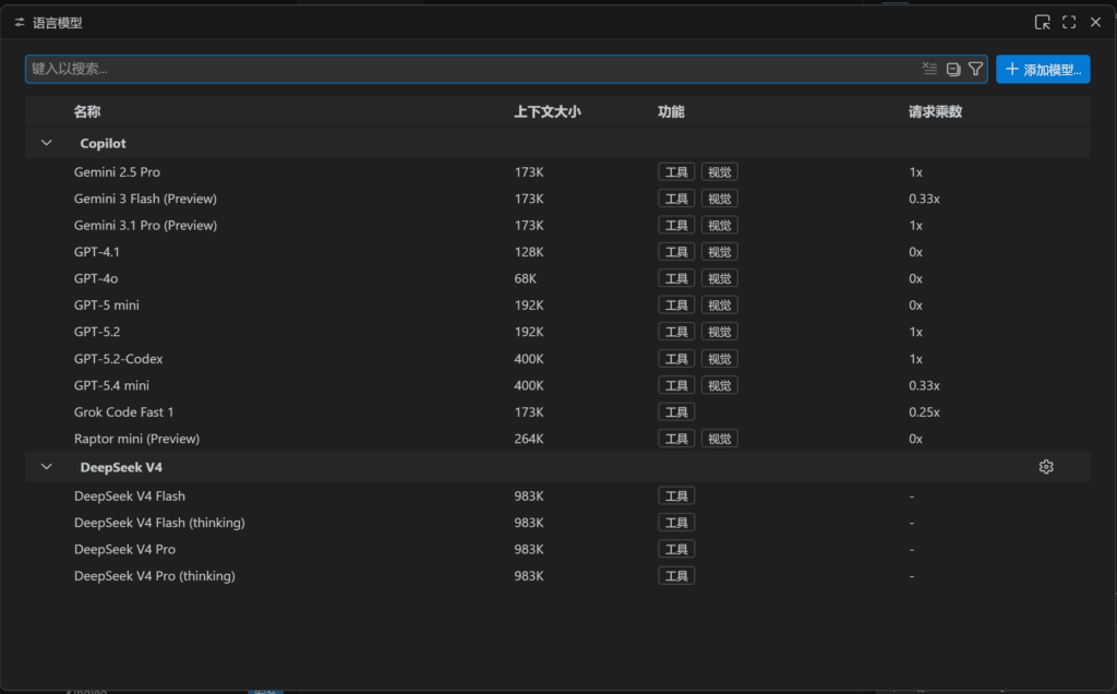 VSCode 中的模型提供商列表。