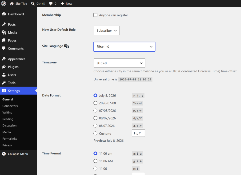 修改 WordPress 语言为简体中文。